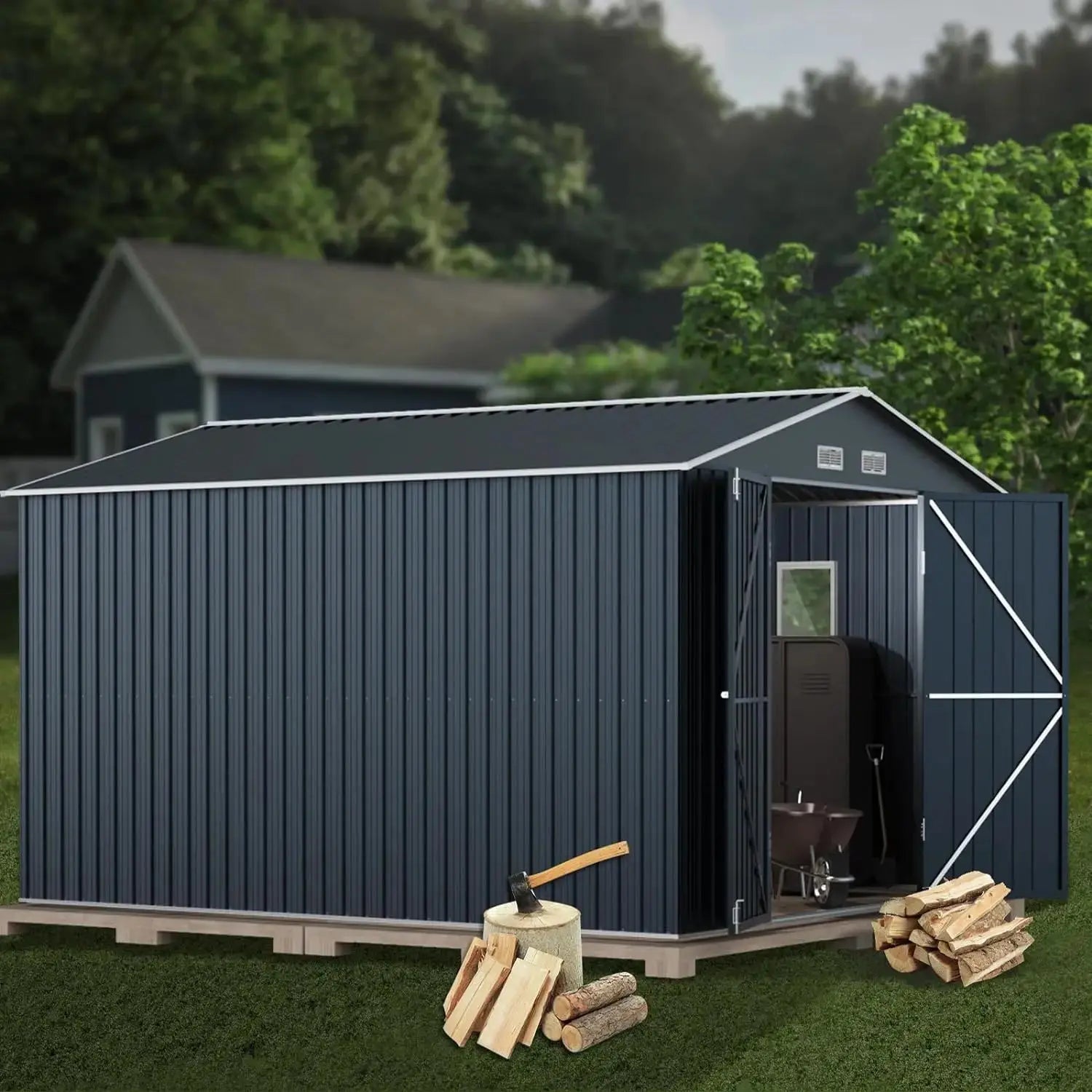 10X12X7.5 FT Outdoor Steel Storage Shed with Double Lockable Door and 2 Light-Transmitting Windows, 4 Vents, for Tool Storage The Greenhouse Pros