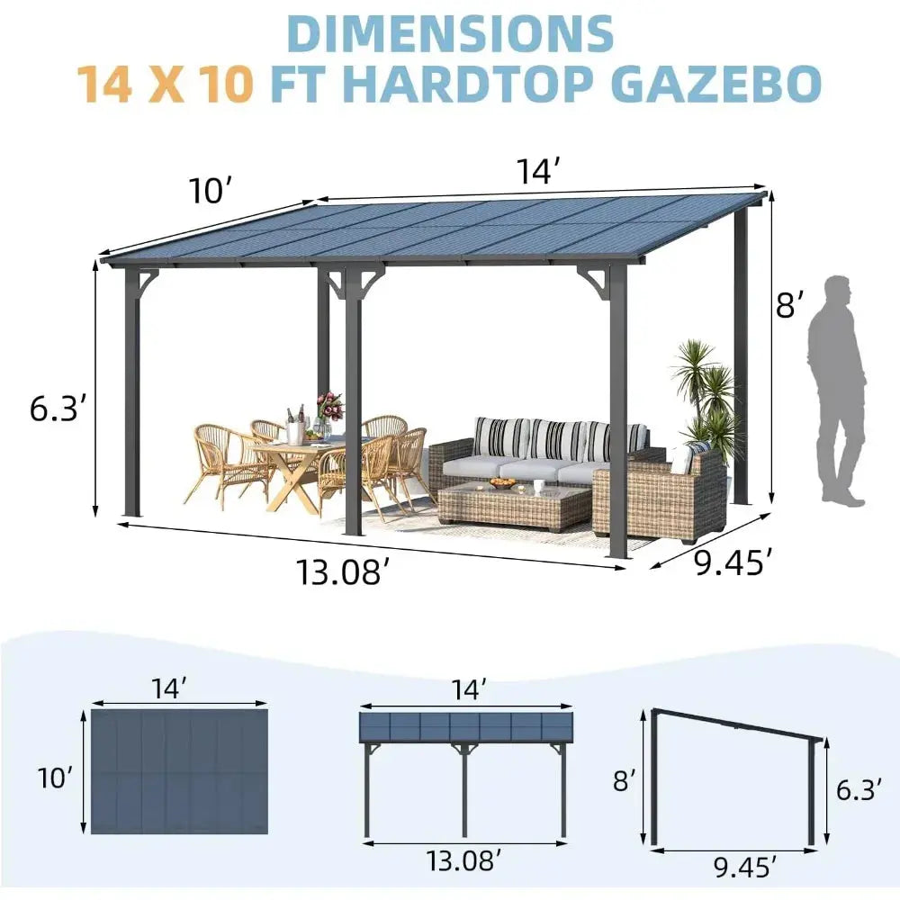 14' x 10' Gazebo for Patio, Hard Top Lean-to Gazebo Pergola with Roof (140 Sq.Ft Shaded), Large Wall-Mounted Heavy-Duty Awnings - The Greenhouse Pros