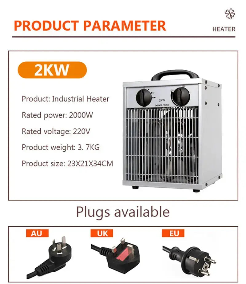 2KW Industrial Heating Fan Adjustable Temperature Control Air Warmer Hot Wind Blower Farm Greenhouse Heater Commercial Household My Store
