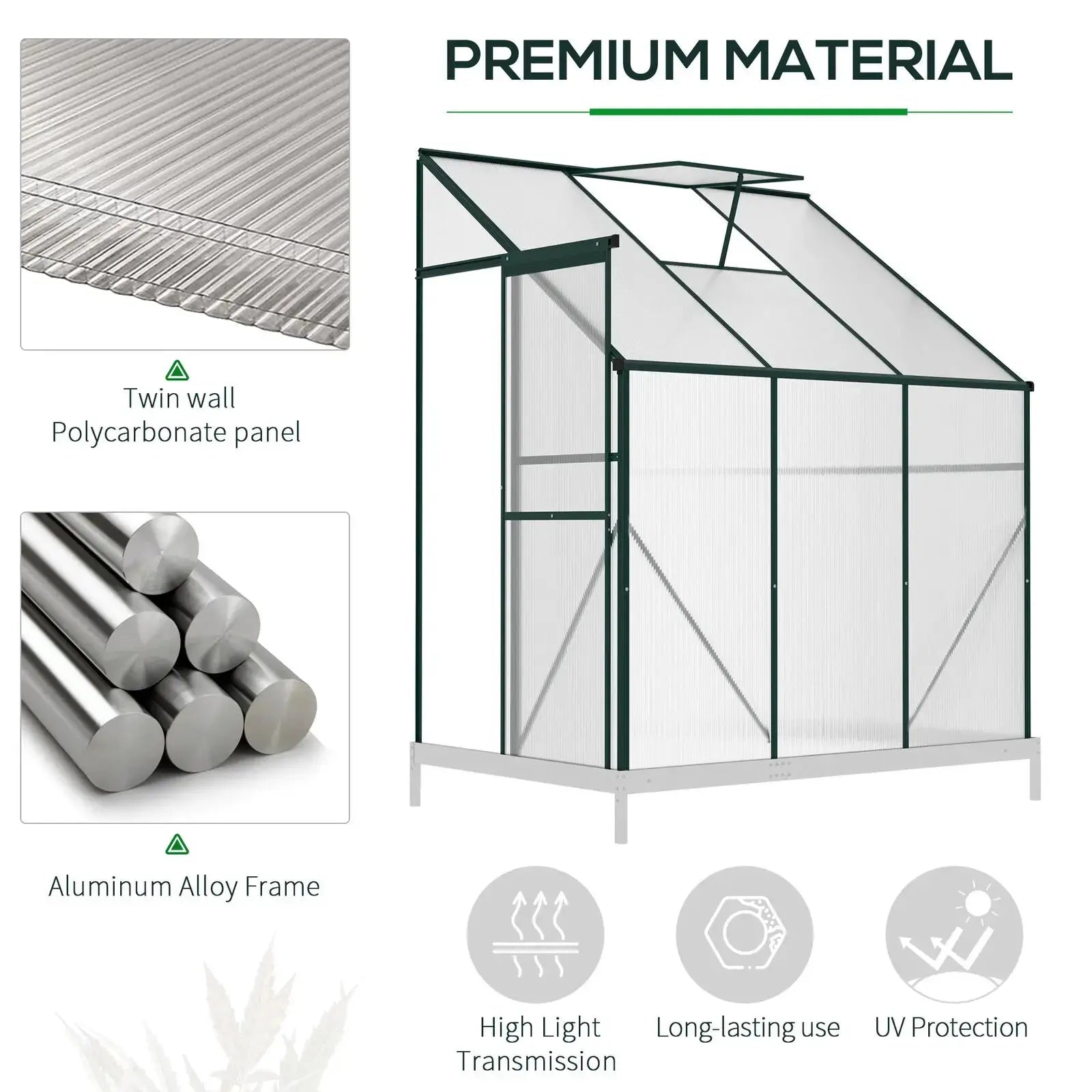 6' x 4' x 7'Aluminum Greenhouse, Polystyrene Walk-in Garden Greenhouse with 2 Adjustable Roof Vents and 3 Doors, Clear - The Greenhouse Pros