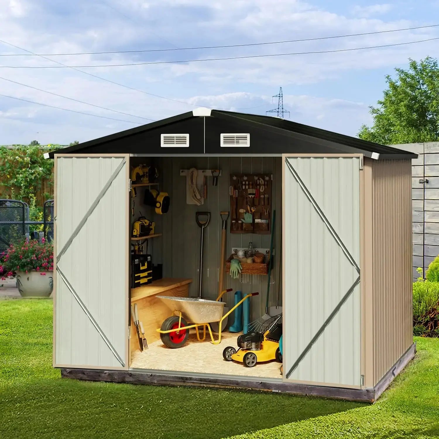 Spacious Outdoor Storage Shed,3x5/6x8/8x10FT,Durable and Stable, Garbage Can,Outdoor Metal Shed for Tool,Garden,Bike, Brown - The Greenhouse Pros