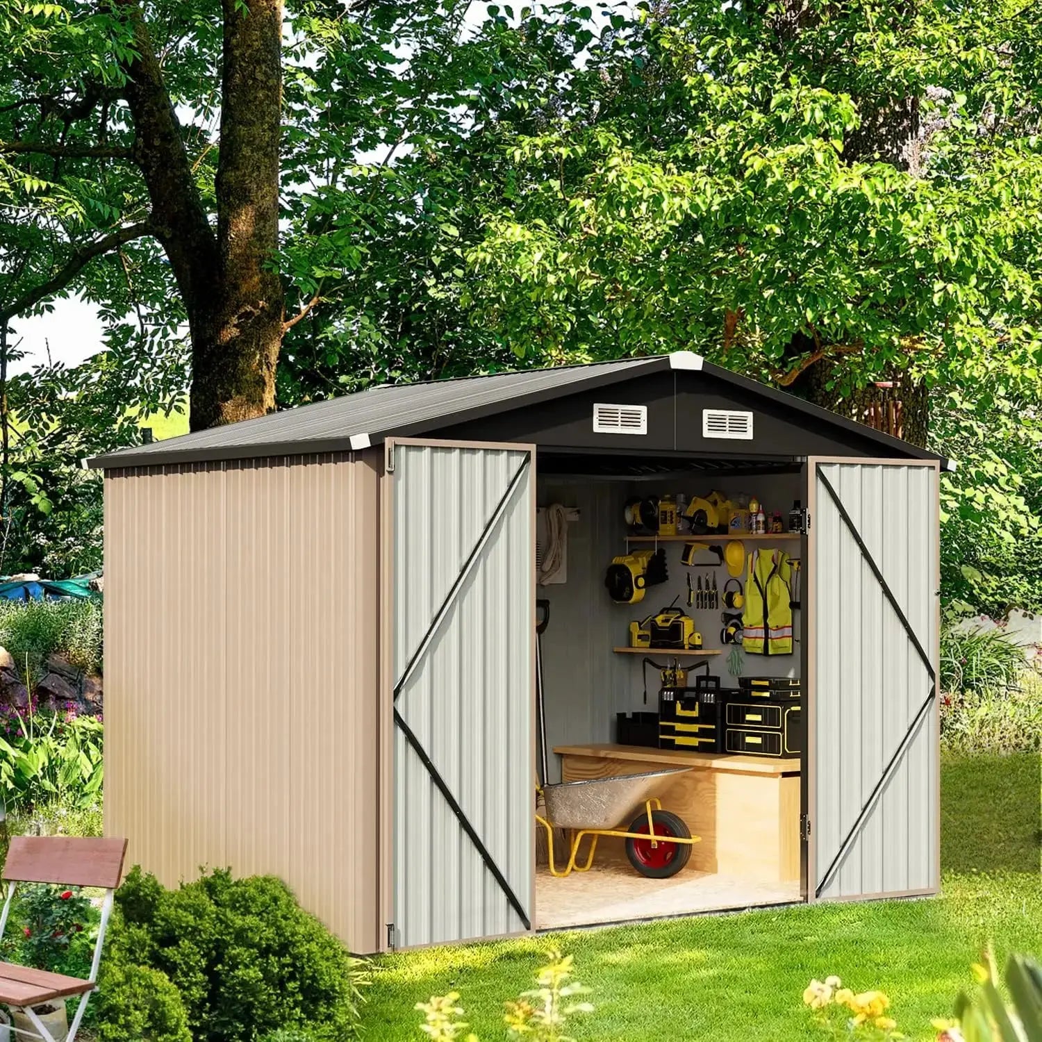 Spacious Outdoor Storage Shed,3x5/6x8/8x10FT,Durable and Stable, Garbage Can,Outdoor Metal Shed for Tool,Garden,Bike, Brown The Greenhouse Pros