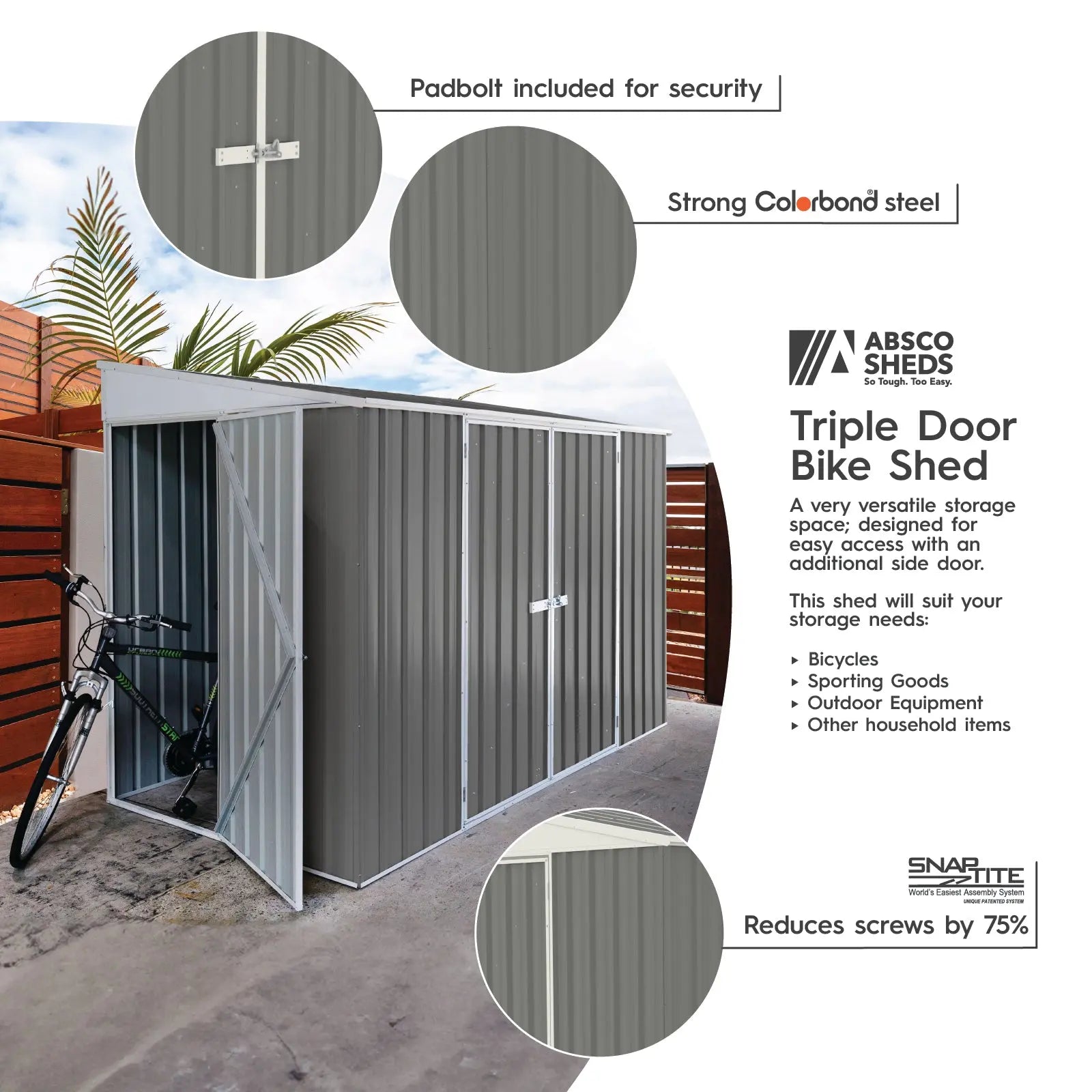 Absco Lean To 10' x 5' Metal Bike Shed - Woodland Gray | AB1102 ABSCO