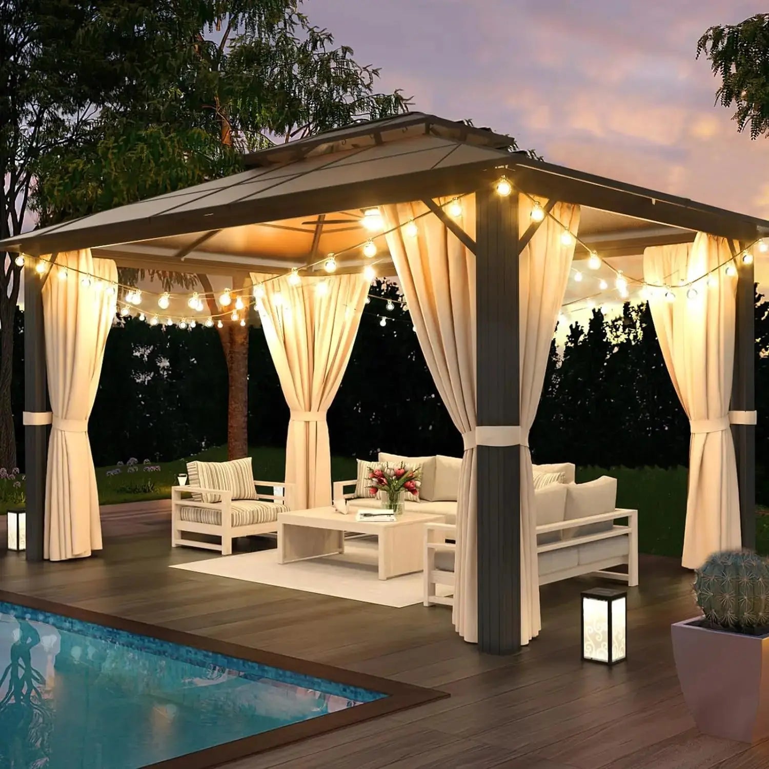 Double Roof Gazebo, Aluminum Frame Permanent Pavilion with Netting and Curtains, Outdoor Gazebo, for Patios, Gardens, Lawns - The Greenhouse Pros