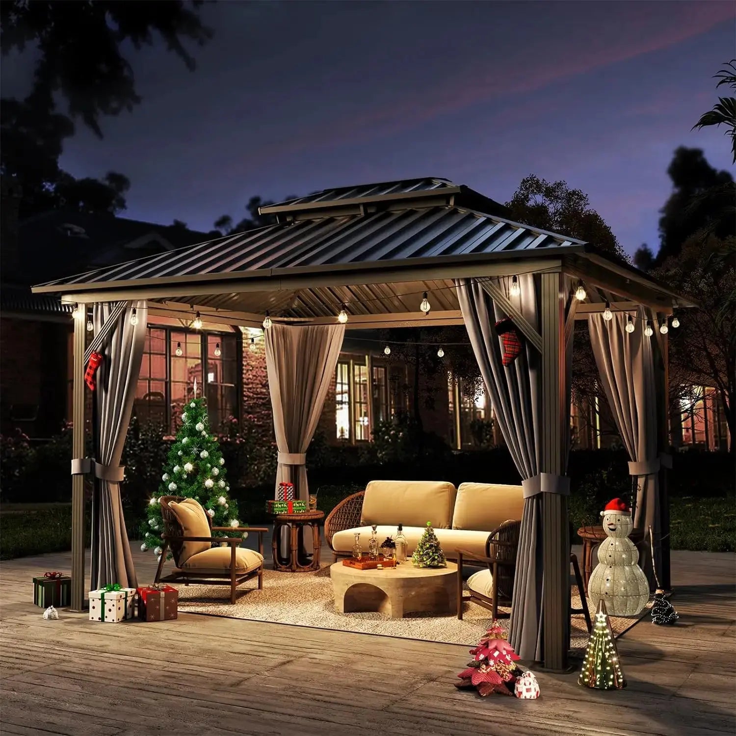 Double Roof Gazebo, Aluminum Frame Permanent Pavilion with Netting and Curtains, Outdoor Gazebo, for Patios, Gardens, Lawns - The Greenhouse Pros