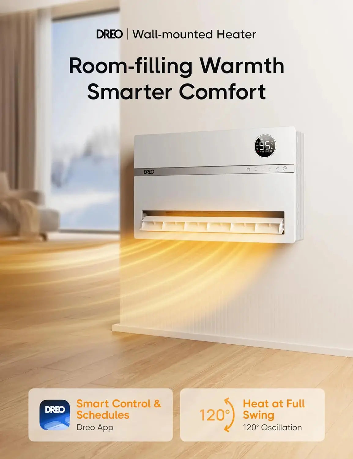 Dreo Smart Wall Heater, Electric Space Heater for Bedroom 1500W, 120° Vertical Oscillation, Digital Thermostat, Remote Control My Store