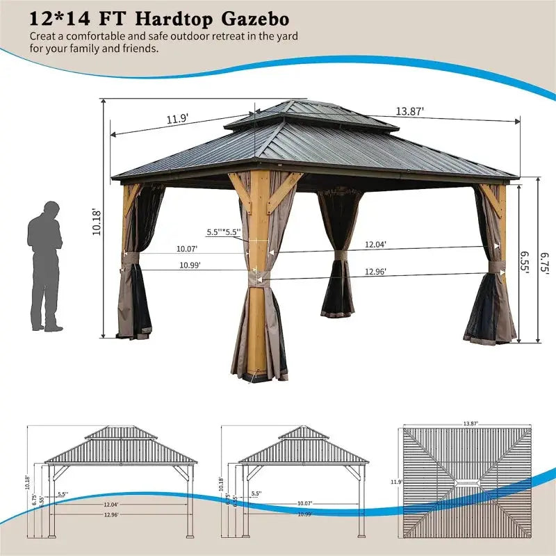 12'x14' Hardtop Gazebo,Cedar Wood Frame Canopy w/ Galvanized Steel Double Roof,with Curtains and Netting for Patio,Backyard,Lawn The Greenhouse Pros