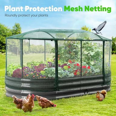 Galvanized raised outdoor garden bed set with bird screen, large oval shape, includes rubber strip edging The Greenhouse Pros