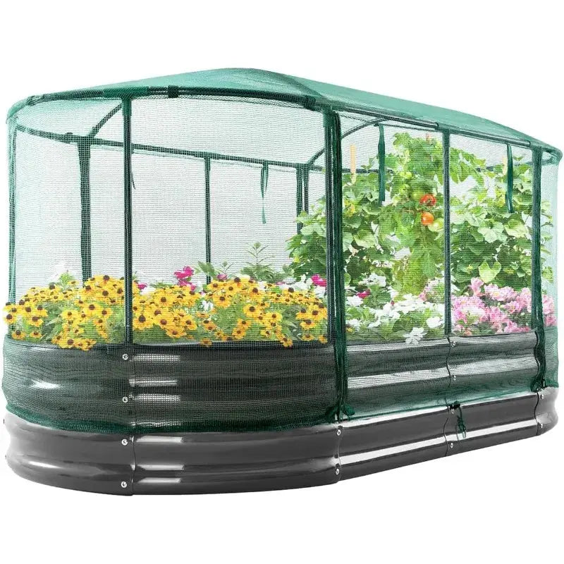 Galvanized raised outdoor garden bed set with bird screen, large oval shape, includes rubber strip edging - The Greenhouse Pros
