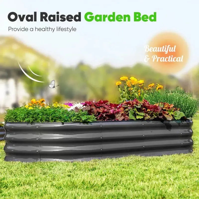 Galvanized raised outdoor garden bed set with bird screen, large oval shape, includes rubber strip edging The Greenhouse Pros