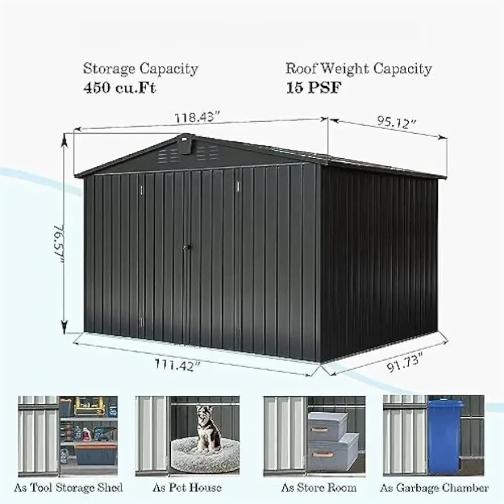 Sheds & Outdoor Storage, 10ftx8ft Metal Outside Garden Storage Shed Galvanized Steel w/Lockable Door The Greenhouse Pros