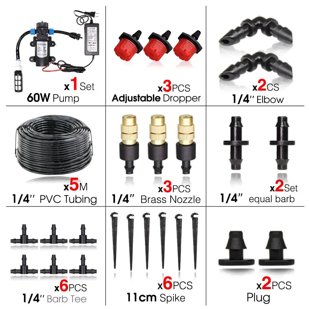 Garden Greenhouse Automatic Misting Cooling Irrigation Kit 45/60/80/100W Self-Priming Pressurize Water Pump Drip Watering System - The Greenhouse Pros