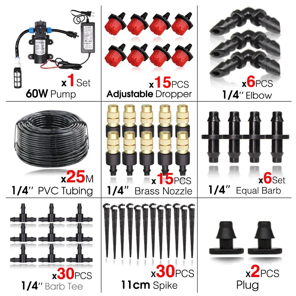 Garden Greenhouse Automatic Misting Cooling Irrigation Kit 45/60/80/100W Self-Priming Pressurize Water Pump Drip Watering System - The Greenhouse Pros