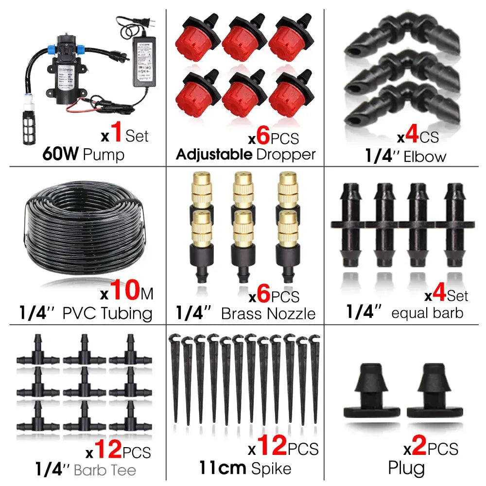 Garden Greenhouse Automatic Misting Cooling Irrigation Kit 45/60/80/100W Self-Priming Pressurize Water Pump Drip Watering System - The Greenhouse Pros