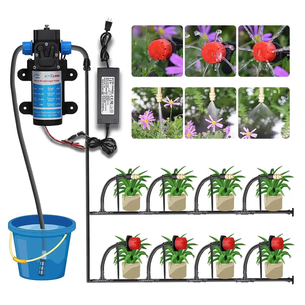 Garden Greenhouse Automatic Misting Cooling Irrigation Kit 45/60/80/100W Self-Priming Pressurize Water Pump Drip Watering System My Store