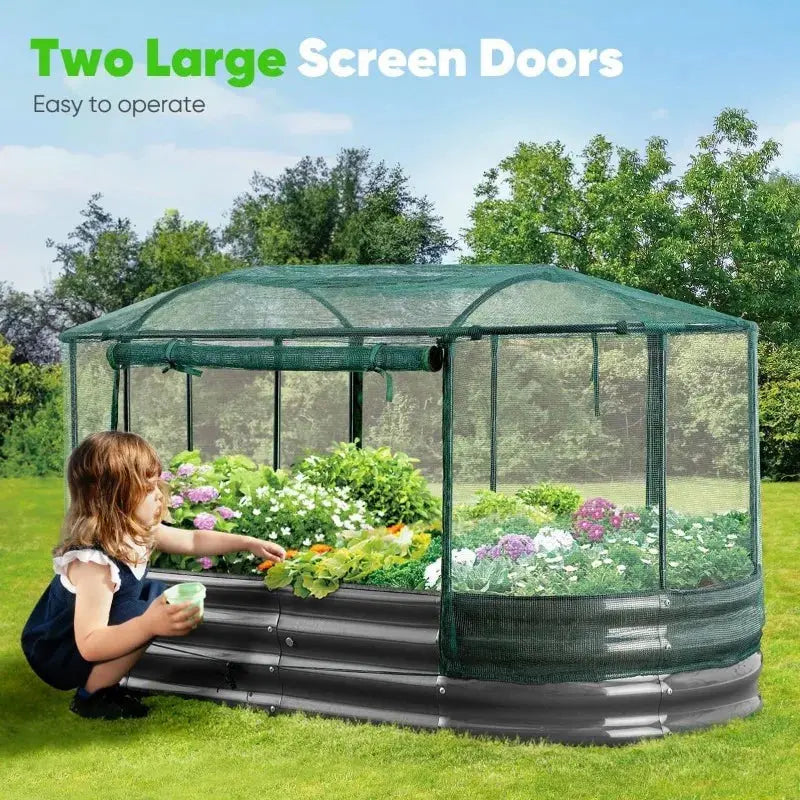 Galvanized raised outdoor garden bed set with bird screen, large oval shape, includes rubber strip edging The Greenhouse Pros